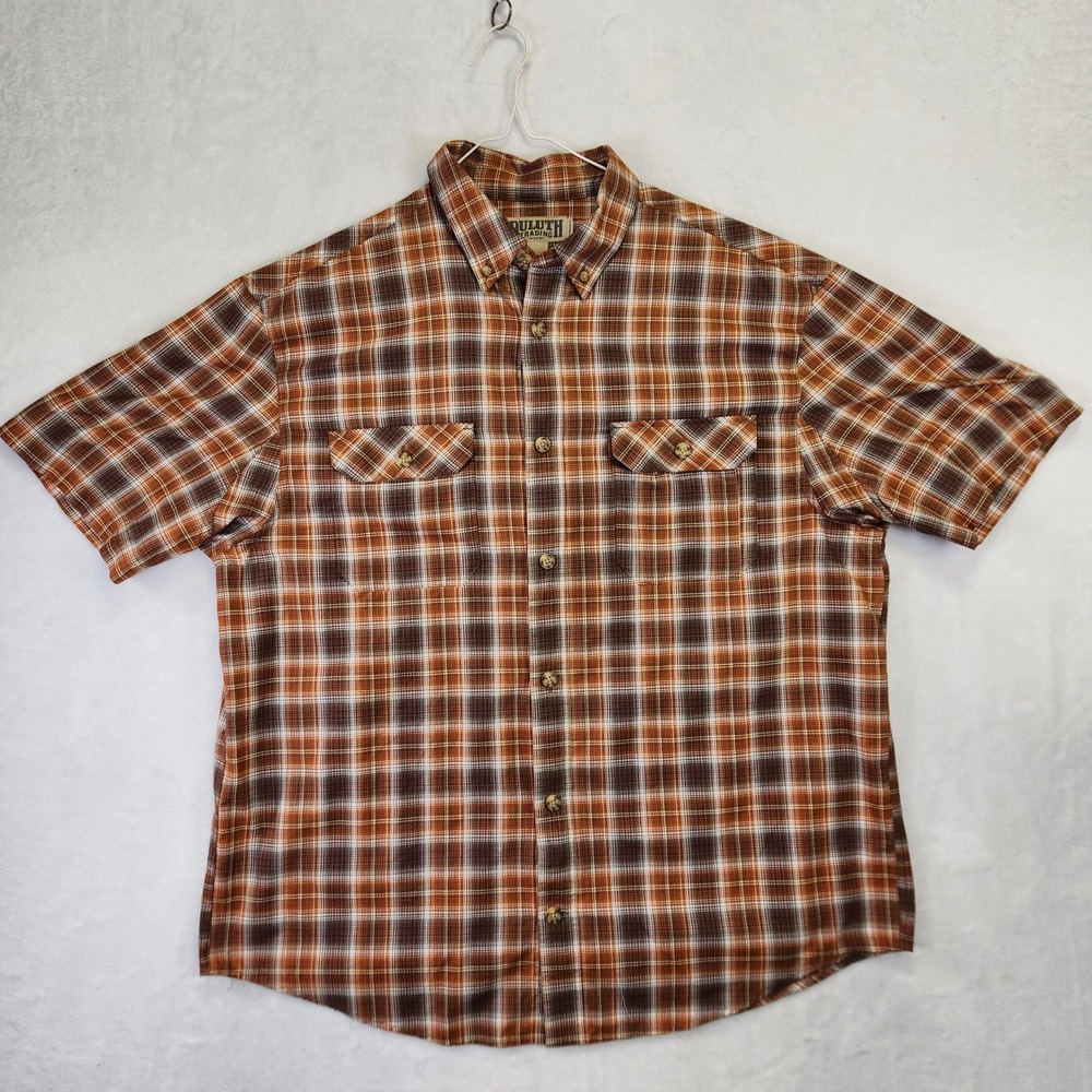 Duluth Trading Co Mens XL Plaid Button Down Short Sleeve Shirt Brown Orange Mesh